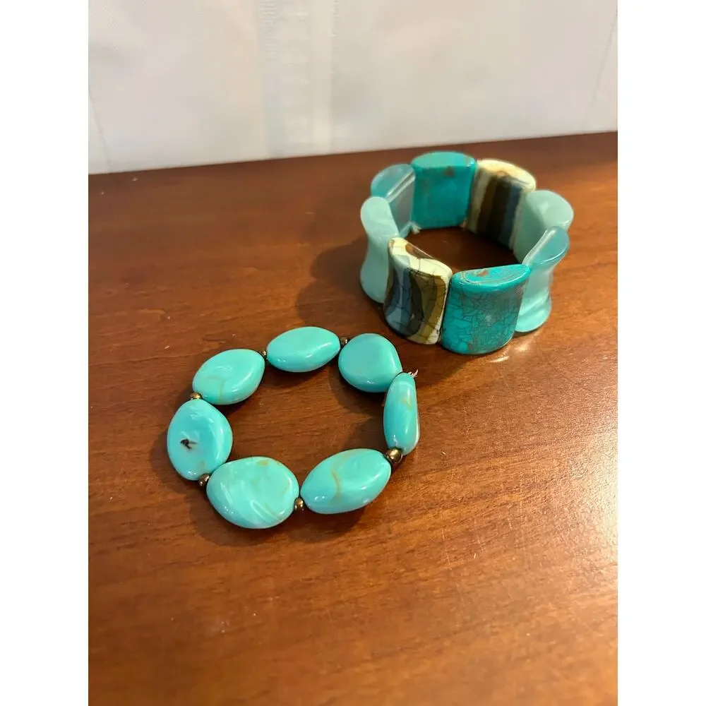 Set of 2 Chunky Turquoise Marbled Resin Beaded Bracelets Vintage Style Boho